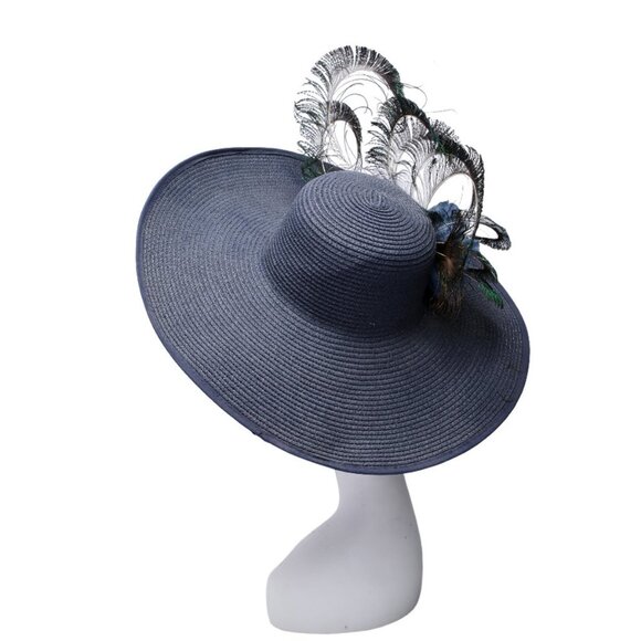 Large Brim Hat Peacock Feathers Floral Queens Plate Horse Race Summer Parties - Picture 7 of 12